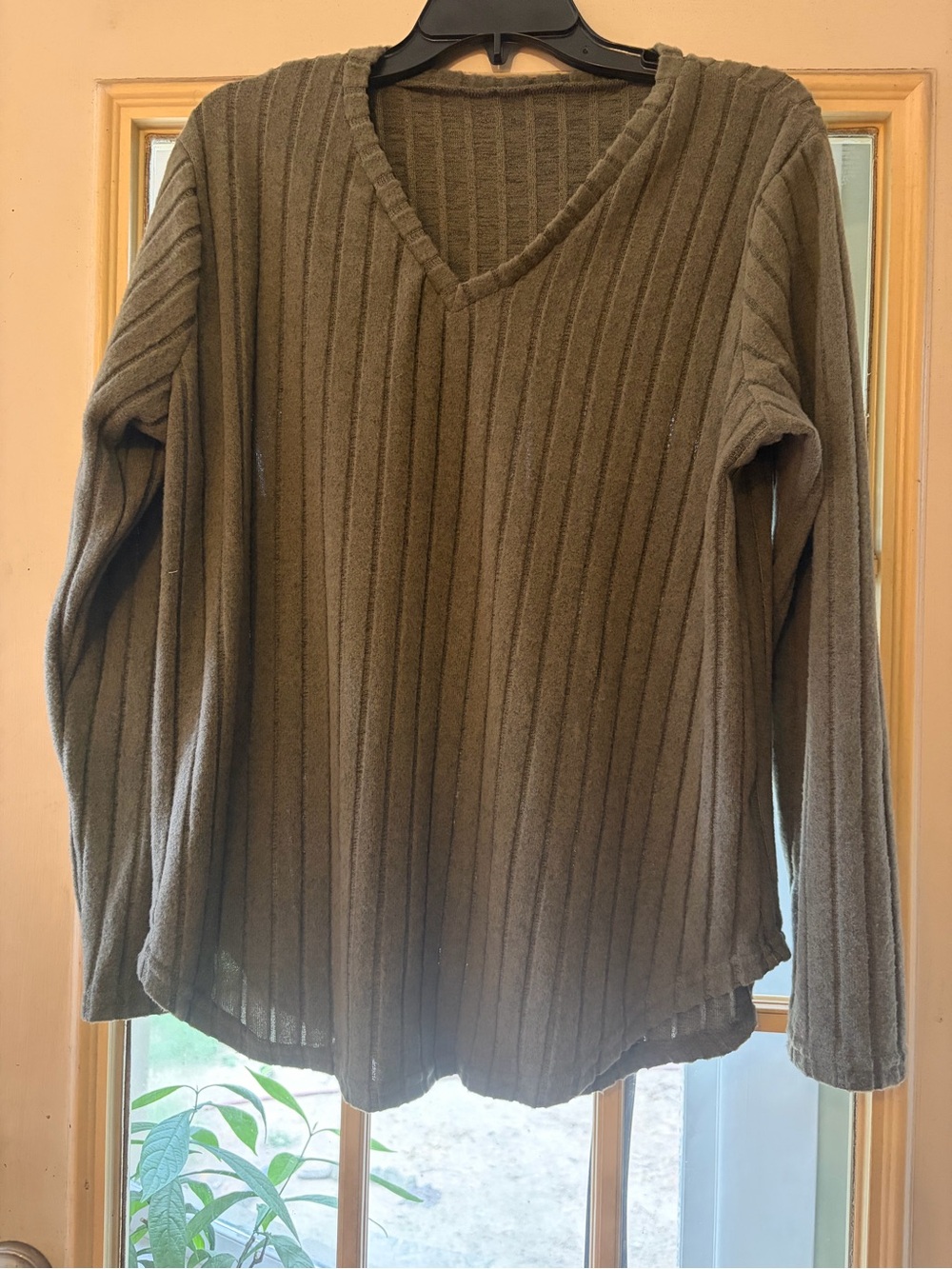 Olive Ribbed V-Neck Women's Sweater